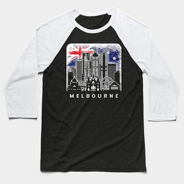 Melbourne Australia Skyline Vintage Australian Flag Baseball T-Shirt by ThyShirtProject - Affiliate